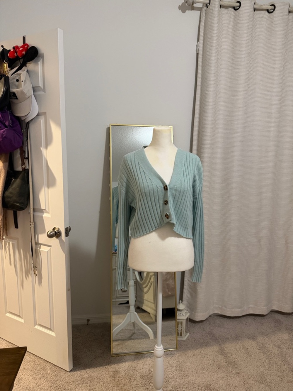 Light Blue Ribbed V-Neck Button Front Women's Sweater Cardigan